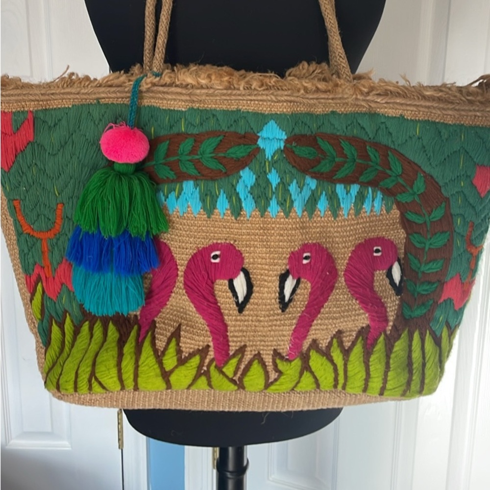 America & Beyond Colorful Flamingo Embroidered Tote Bag